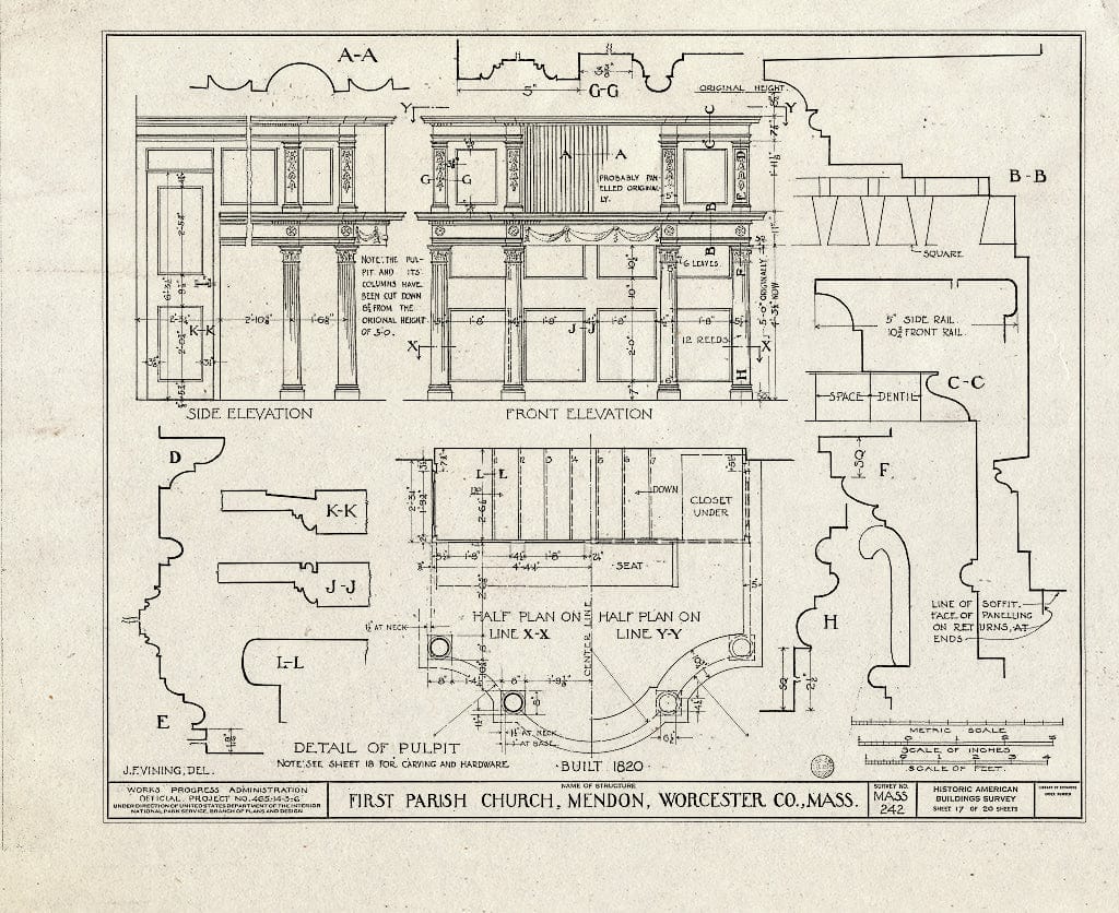 Blueprint HABS Mass,14-MEND,1- (Sheet 18 of 20) - First Parish Church (Unitarian) & Carriage Shed, Maple & Elm Streets, Mendon, Worcester County, MA