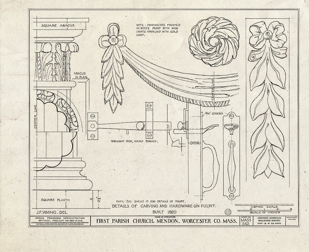 Blueprint HABS Mass,14-MEND,1- (Sheet 19 of 20) - First Parish Church (Unitarian) & Carriage Shed, Maple & Elm Streets, Mendon, Worcester County, MA