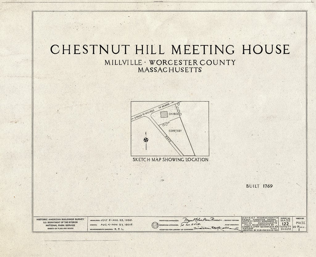 Blueprint HABS Mass,14-MILV.V,1- (Sheet 0 of 20) - Chestnut Hill Meetinghouse, Chestnut Street, Millville, Worcester County, MA