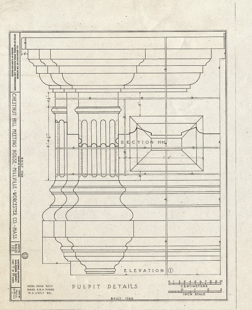 Blueprint HABS Mass,14-MILV.V,1- (Sheet 17 of 20) - Chestnut Hill Meetinghouse, Chestnut Street, Millville, Worcester County, MA
