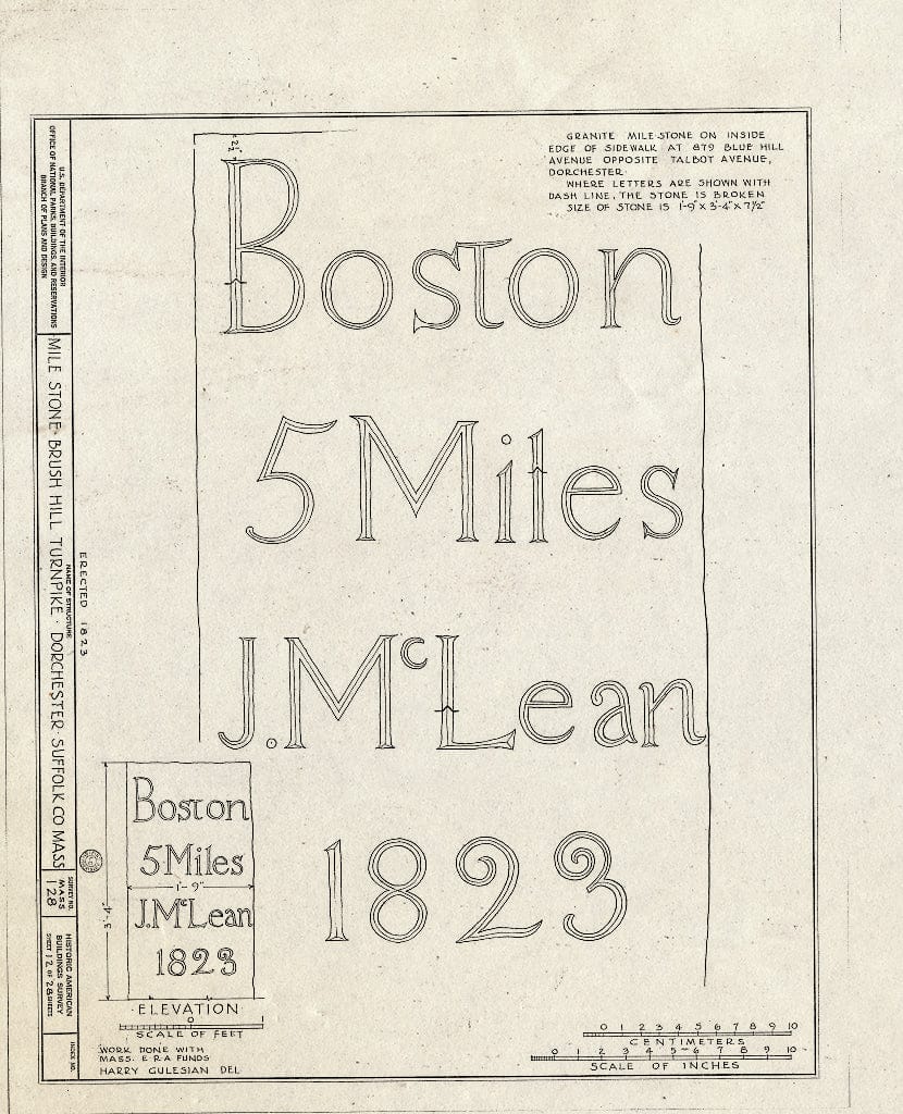 Blueprint HABS Mass,13-BOST.V,1- (Sheet 12 of 28) - Milestones, Various Boston Vicinity Locations, Boston, Suffolk County, MA
