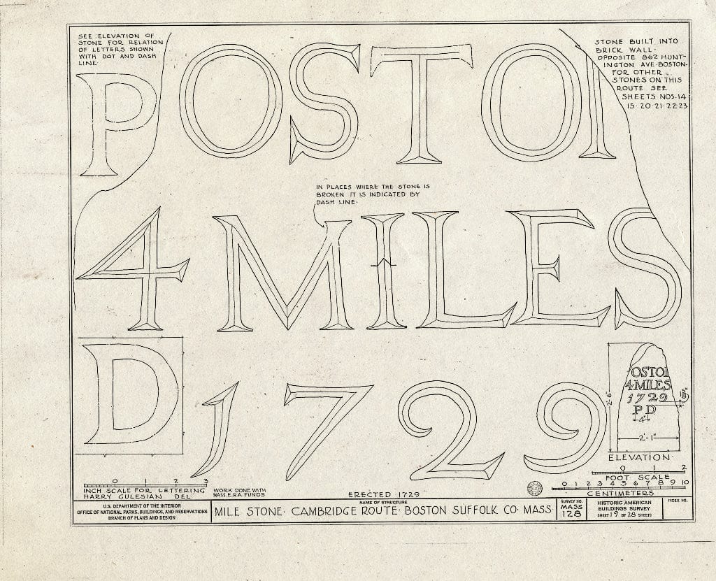 Blueprint HABS Mass,13-BOST.V,1- (Sheet 19 of 28) - Milestones, Various Boston Vicinity Locations, Boston, Suffolk County, MA