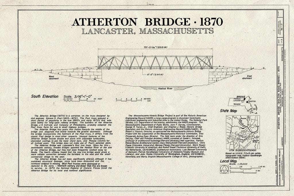Blueprint HAER Mass,14-LANC.V,1- (Sheet 1 of 3) - Atherton Bridge, Spanning Nashua River on Bolton Road, Lancaster, Worcester County, MA