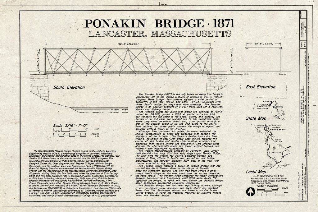 Blueprint HAER Mass,14-LANC.V,2- (Sheet 1 of 6) - Ponakin Road Bridge, Spanning Nashua River on Ponakin Road, Lancaster, Worcester County, MA