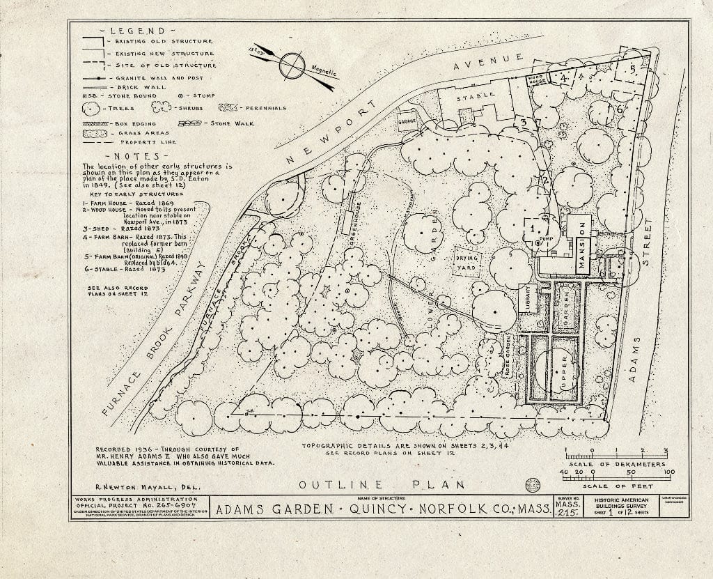 Blueprint HABS Mass,11-QUI,5A- (Sheet 1 of 12) - Adams Mansion Flower Garden, 135 Adams Street, Quincy, Norfolk County, MA