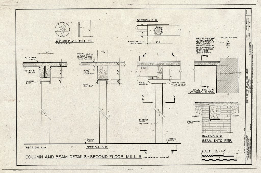 Blueprint Column and Beam Details - Second Floor, Mill #8 - Boott Cotton Mills, John Street at Merrimack River, Lowell, Middlesex County, MA