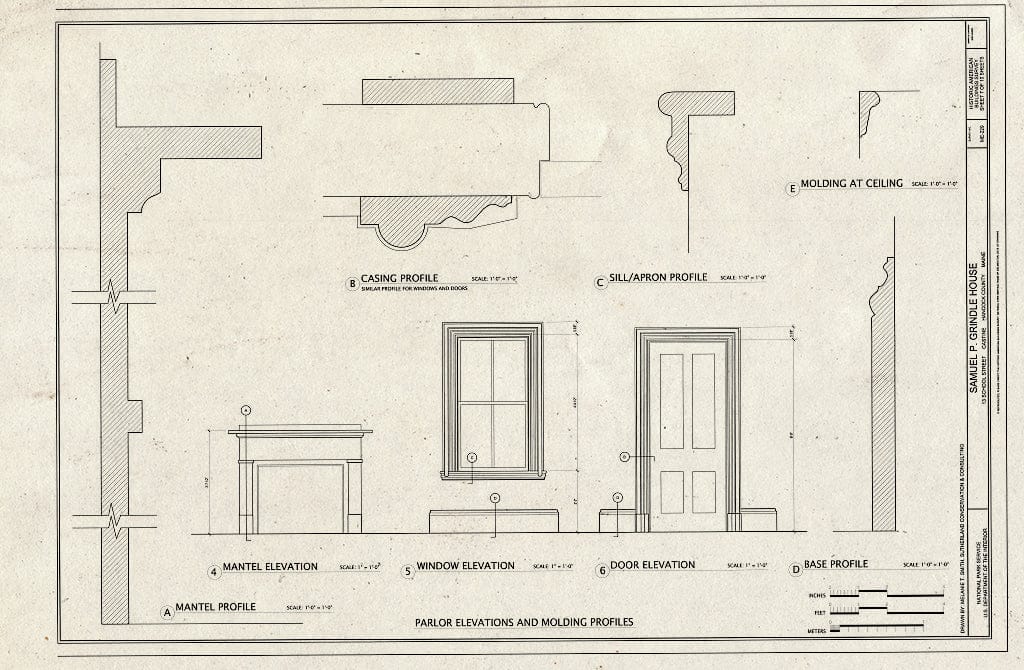 Blueprint Parlor Elevations and Molding Profiles - Samuel P. Grindle House, 13 School Street, Castine, Hancock County, ME