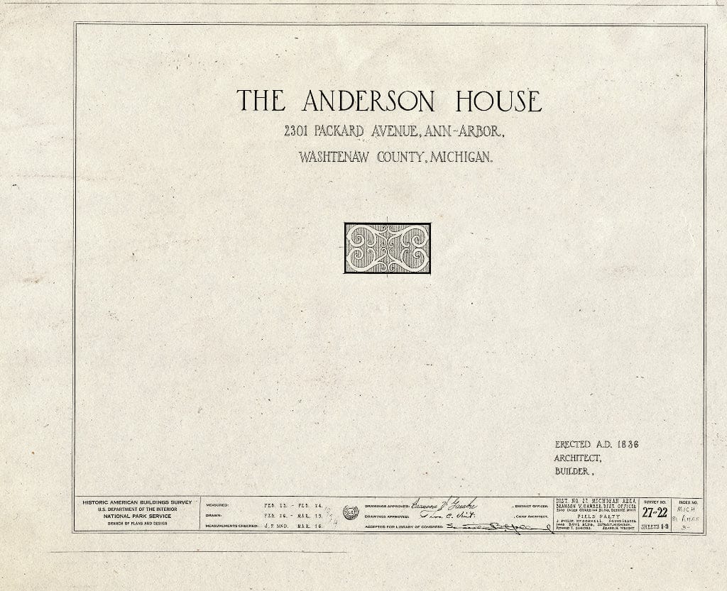 Blueprint HABS MICH,81-Anar,3- (Sheet 0 of 9) - Anderson House, 2301 Packard Road, Ann Arbor, Washtenaw County, MI
