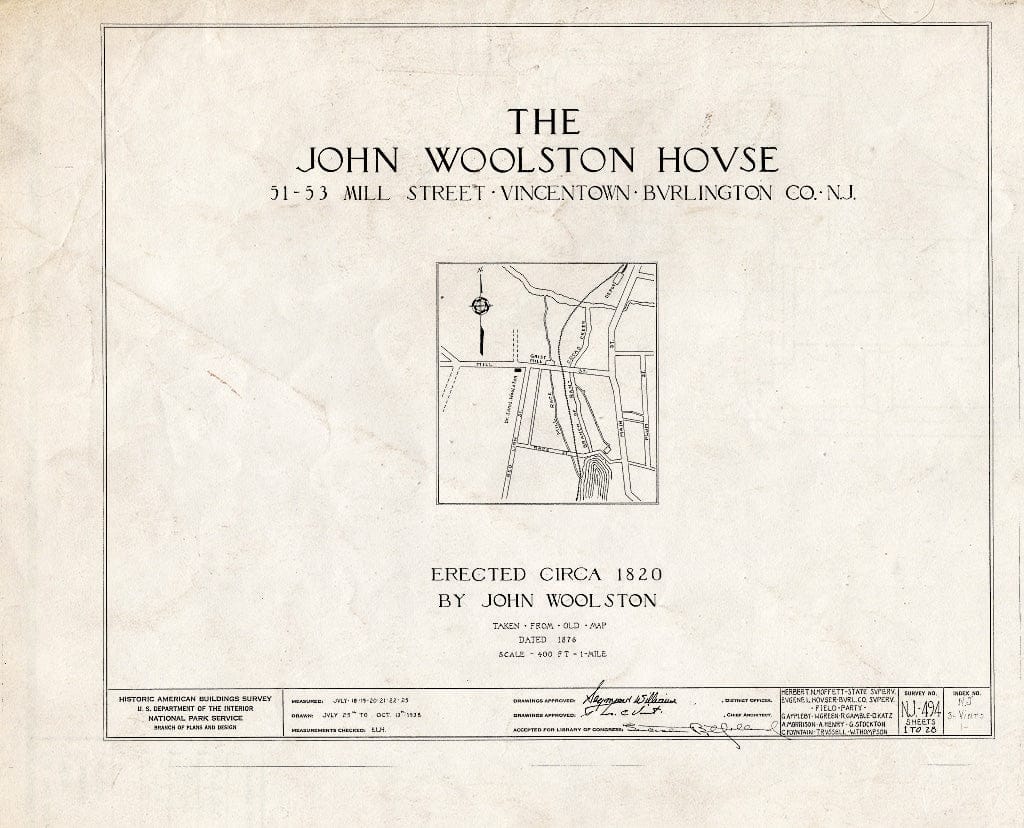 Blueprint HABS NJ,3-VINTO,1- (Sheet 0 of 28) - John Woolston House, 51-53 Mill Street, Vincentown, Burlington County, NJ