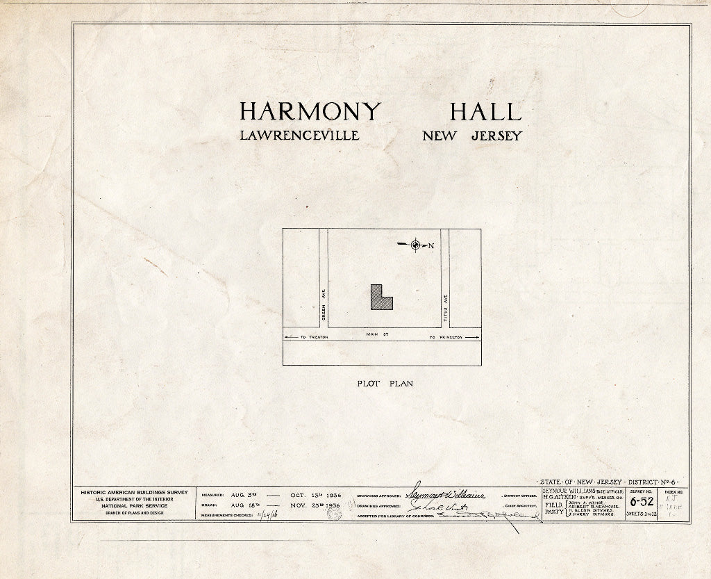 Blueprint HABS NJ,11-LAWR,1- (Sheet 0 of 12) - Harmony Hall, Main Street, Lawrenceville, Mercer County, NJ