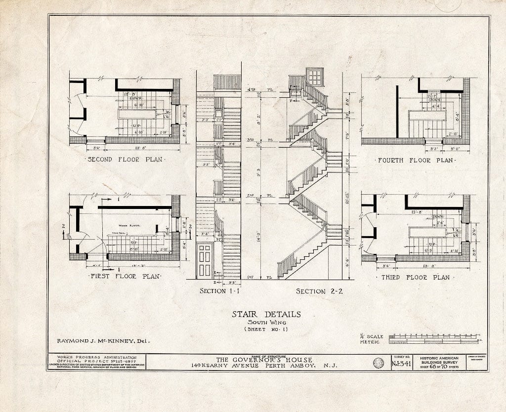 Blueprint Stair Details, South Wing (Sheet No. 1) - Governor's House, 149 Kearny Avenue, Perth Amboy, Middlesex County, NJ