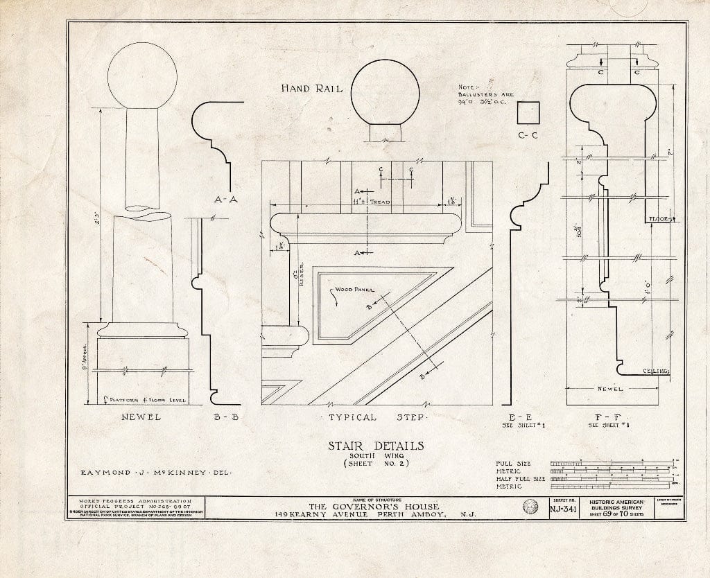 Blueprint Stair Details, South Wing (Sheet No. 2) - Governor's House, 149 Kearny Avenue, Perth Amboy, Middlesex County, NJ