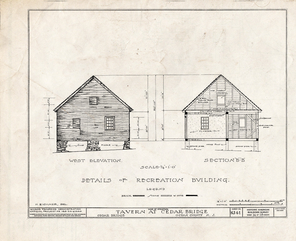 Blueprint HABS NJ,15-,1- (Sheet 16 of 18) - Cedar Bridge Tavern, Cedar Bridge, Ocean County, NJ