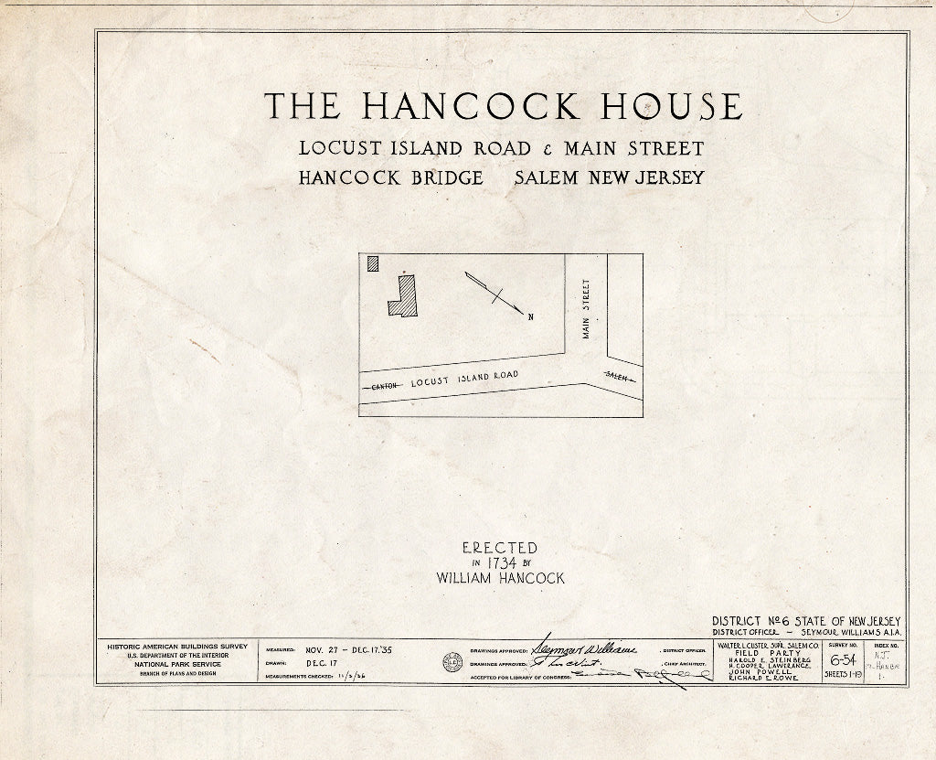 Blueprint HABS NJ,17-HANBR,1- (Sheet 0 of 19) - Hancock House, Locust Island Road & Main Street, Hancocks Bridge, Salem County, NJ