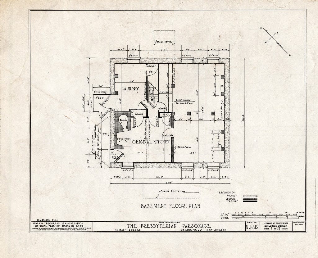 Blueprint HABS NJ,20-SPRIF,5- (Sheet 1 of 15) - First Presbyterian Church, Parsonage, 41 Main Street, Springfield, Union County, NJ