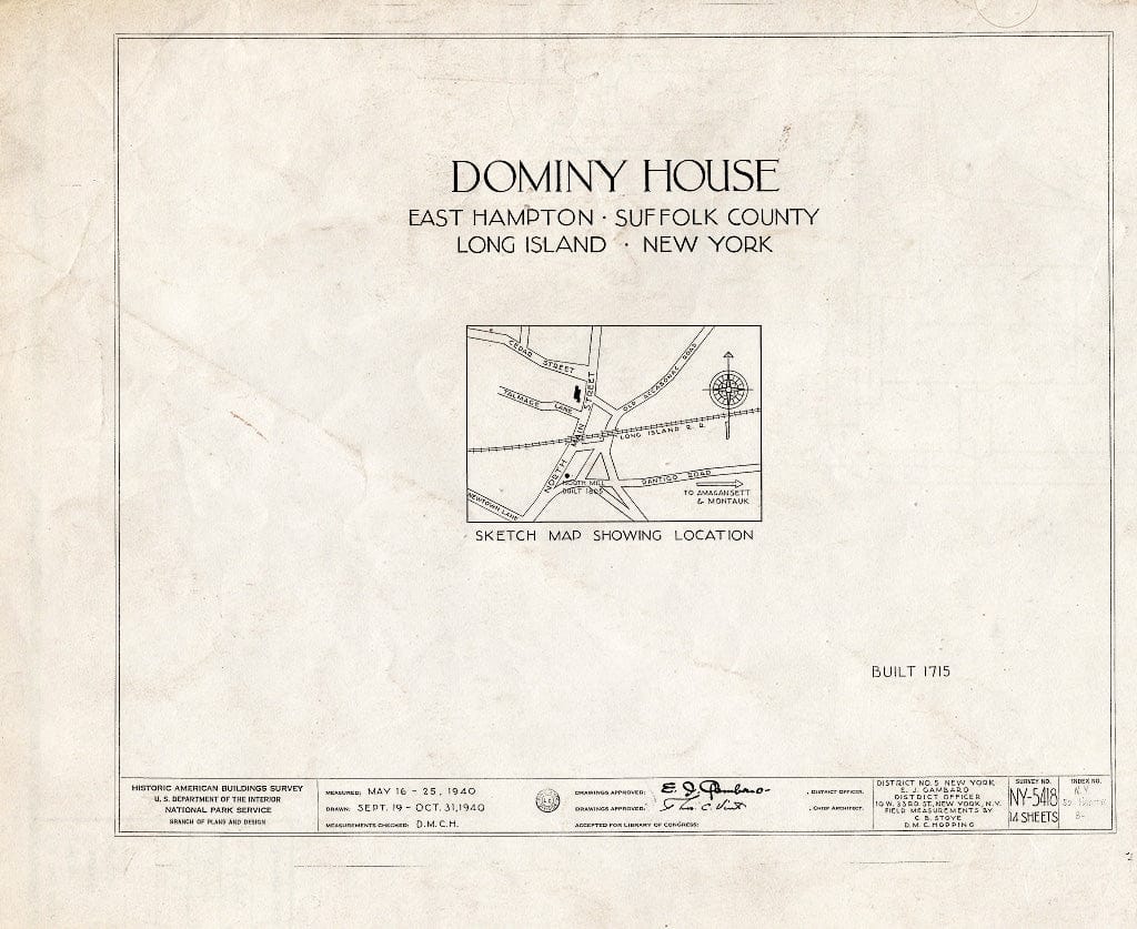 Blueprint HABS NY,52-HAMTE,8- (Sheet 0 of 14) - Dominy House, North Main Street, East Hampton, Suffolk County, NY