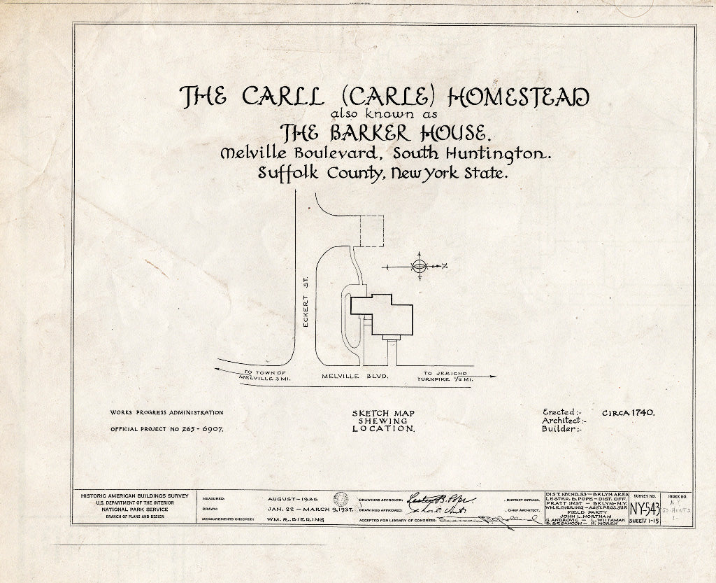 Blueprint HABS NY,52-Hunts,1- (Sheet 0 of 15) - Carll Homestead, Melville Boulevard, Huntington, Suffolk County, NY
