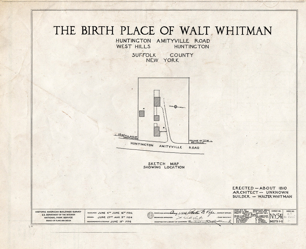Blueprint HABS NY,52-WEHI,1- (Sheet 0 of 11) - Walt Whitman Birthplace, Amityville Road (State Route 110), West Hills, Suffolk County, NY
