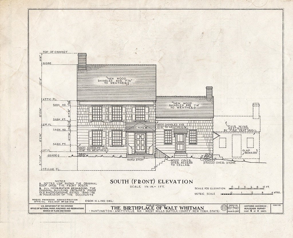 Blueprint HABS NY,52-WEHI,1- (Sheet 4 of 11) - Walt Whitman Birthplace, Amityville Road (State Route 110), West Hills, Suffolk County, NY