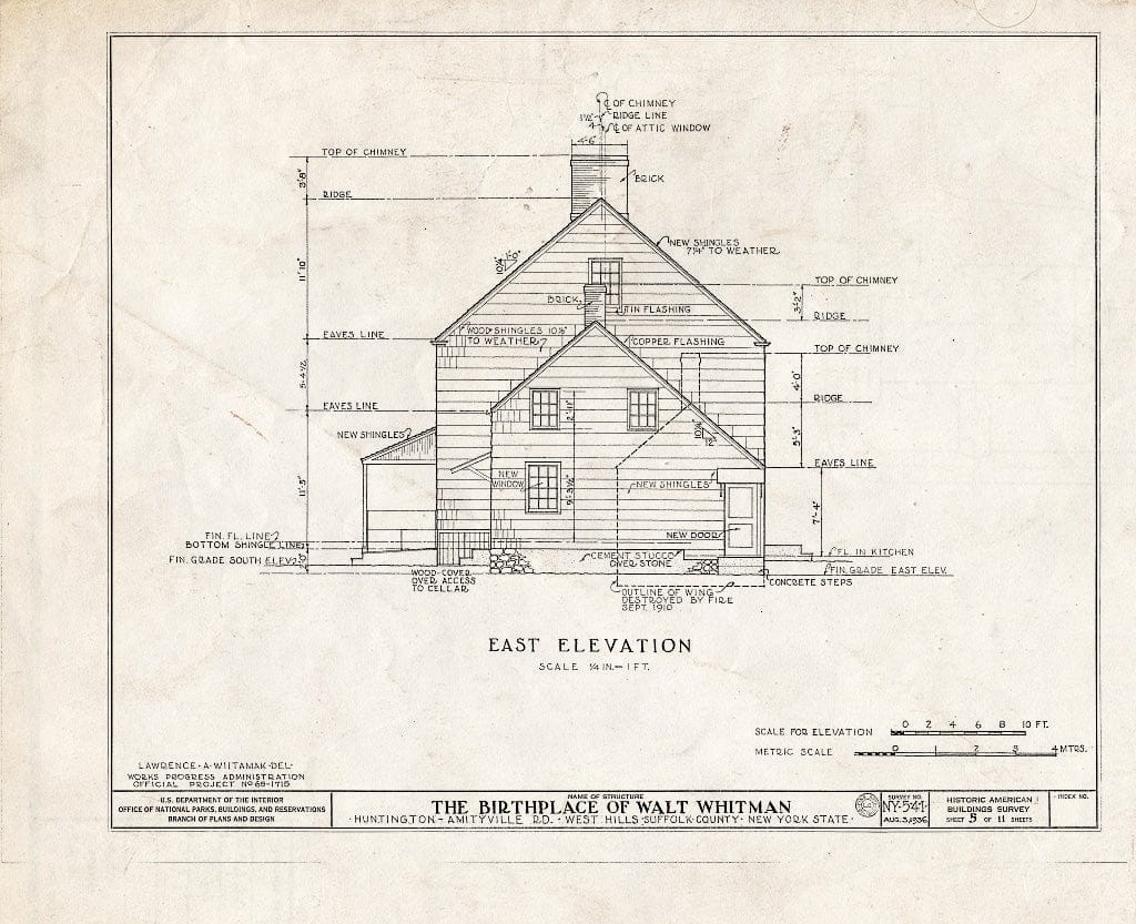 Blueprint HABS NY,52-WEHI,1- (Sheet 5 of 11) - Walt Whitman Birthplace, Amityville Road (State Route 110), West Hills, Suffolk County, NY