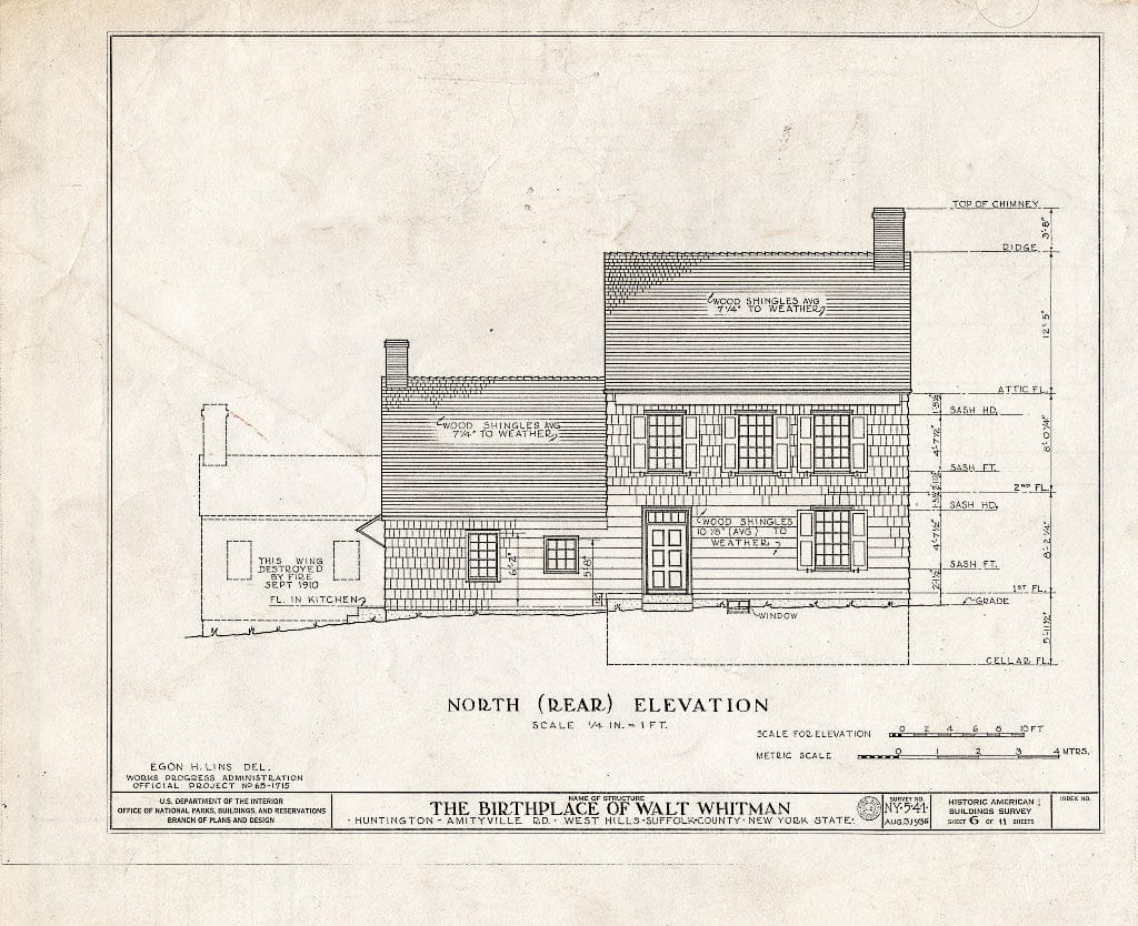 Blueprint HABS NY,52-WEHI,1- (Sheet 6 of 11) - Walt Whitman Birthplace, Amityville Road (State Route 110), West Hills, Suffolk County, NY