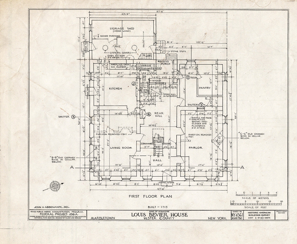 Blueprint HABS NY,56-MARB,1- (Sheet 1 of 10) - Louis Bevier House, State Route 213 Vicinity, Marbletown, Ulster County, NY
