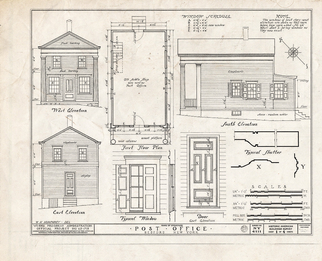 Blueprint HABS NY,60-Bed,1- (Sheet 1 of 4) - Schoolhouse & Post Office, Bedford Green, Bedford, Westchester County, NY