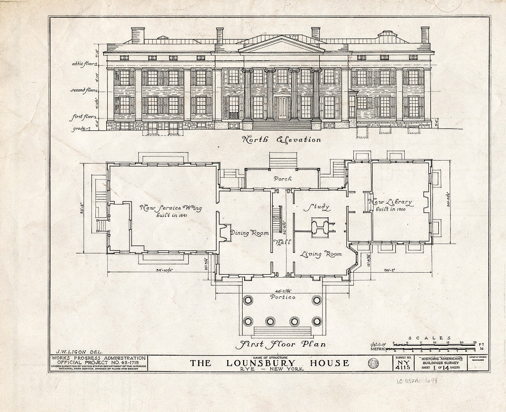 Blueprint HABS NY,60-RY,1- (Sheet 1 of 14) - Parsons-Lounsbury House, Boston Post Road, Rye, Westchester County, NY