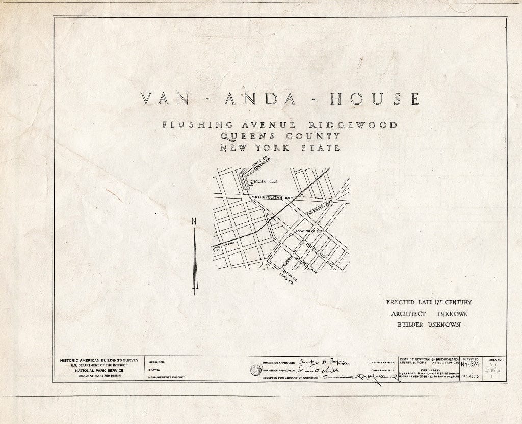 Blueprint HABS NY,41-RIDG,1- (Sheet 0 of 9) - Van Anda House, 1416 Flushing Avenue, Ridgewood, Queens County, NY