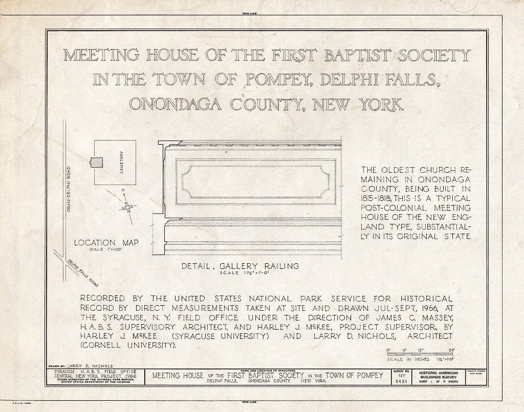 Blueprint HABS NY,34-DELF,1- (Sheet 1 of 8) - Meetinghouse of The First Baptist Society, Pompey, Delphi Falls, Onondaga County, NY