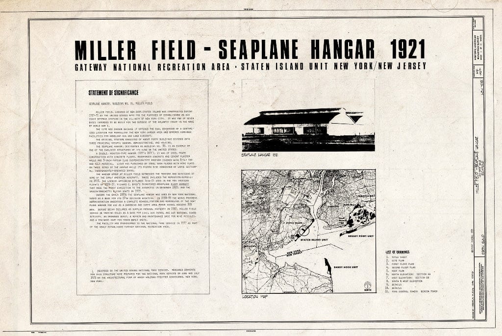 Blueprint HABS NY,43-NEDO,4B- (Sheet 1 of 11) - Miller Field, Seaplane Hangar, New Dorp Lane, Staten Island, New Dorp, Richmond County, NY