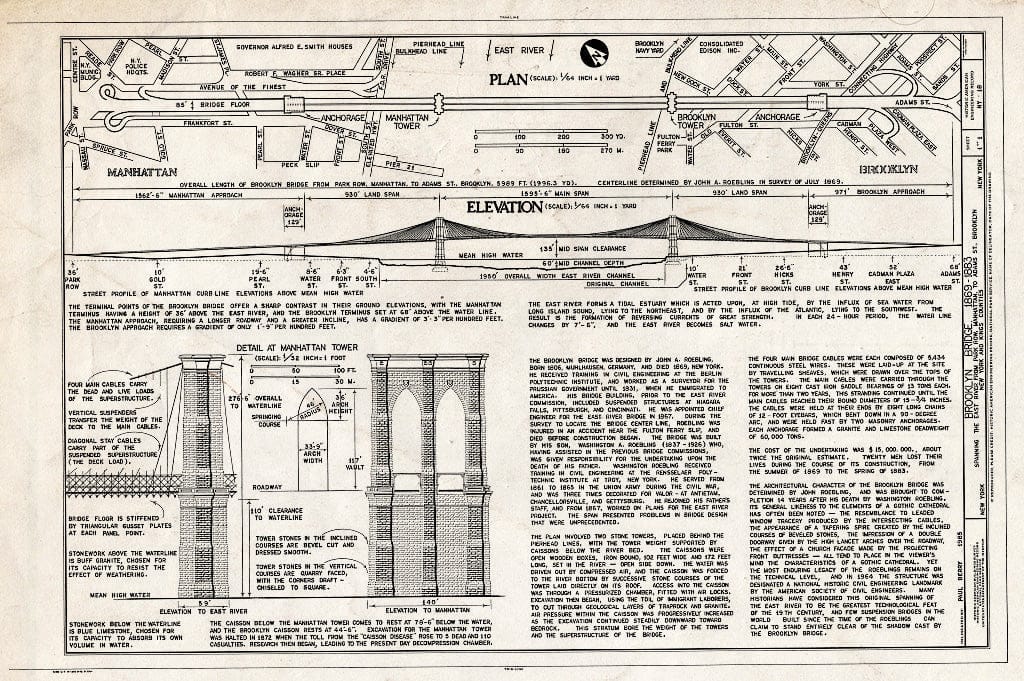 Blueprint HAER NY,31-NEYO,90- (Sheet 1 of 1) - Brooklyn Bridge, Spanning East River Between Park Row, Manhattan and Sands Street, Brooklyn, New York County, NY