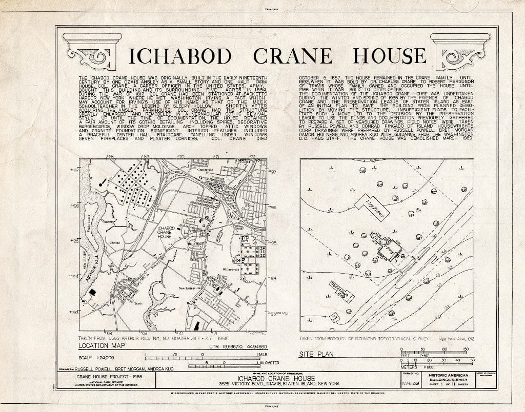 Blueprint HABS NY,43-,4- (Sheet 1 of 11) - Ichabod Crane House, 3525 Victory Boulevard, Staten Island (Subdivision), Richmond County, NY