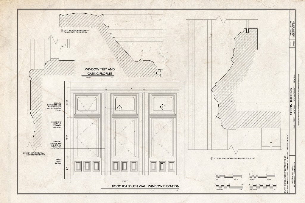 Blueprint Room 804 South Wall Window Elevation and Window Trim and Casing Details - Corbin Building, 11 John Street, New York County, NY