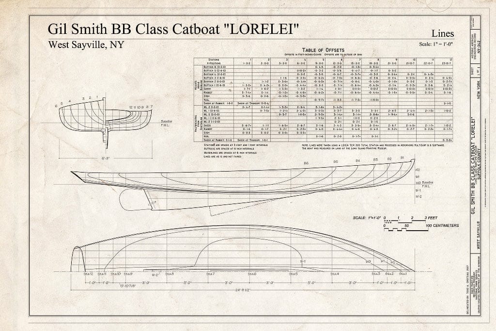 Blueprint Lines - Gil Smith BB Catboat Lorelei, Long Island Maritime Museum, West Sayville, Suffolk County, NY