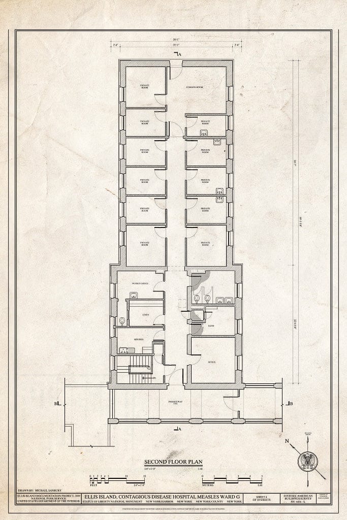 Blueprint Second Floor Plan - Ellis Island, Contagious Disease Hospital Measles Ward G, New York Harbor, New York County, NY