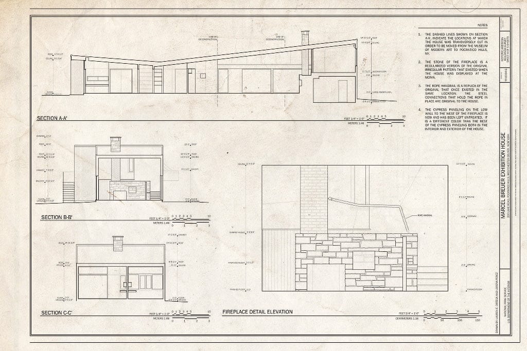 Blueprint Sections and Fireplace Detail - Kykuit, Marcel Breuer Exhibition House, 200 Lake Road, Pocantico Hills, Westchester County, NY