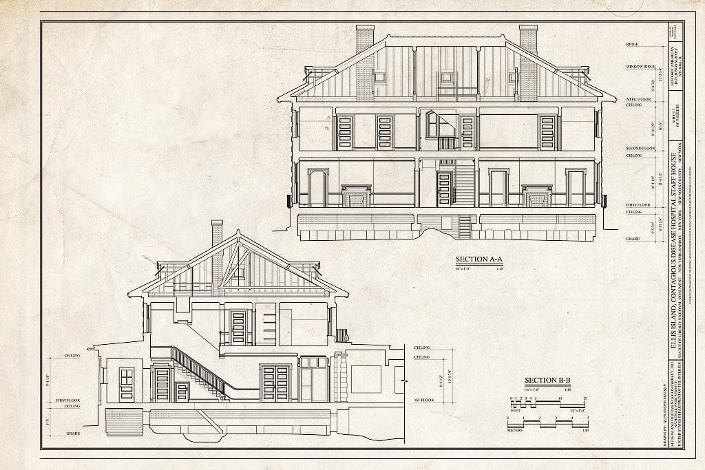 Blueprint Sections - Ellis Island, Contagious Disease Hospital Staff House, New York Harbor, New York County, NY