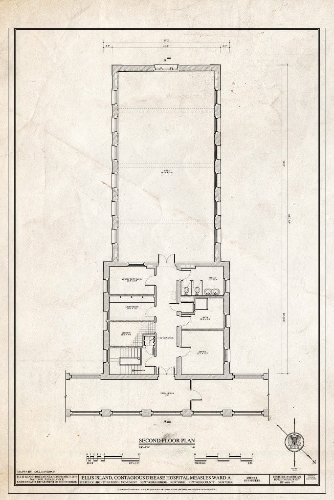Blueprint Second Floor Plan - Ellis Island, Contagious Disease Hospital Measles Ward A, New York Harbor, New York County, NY