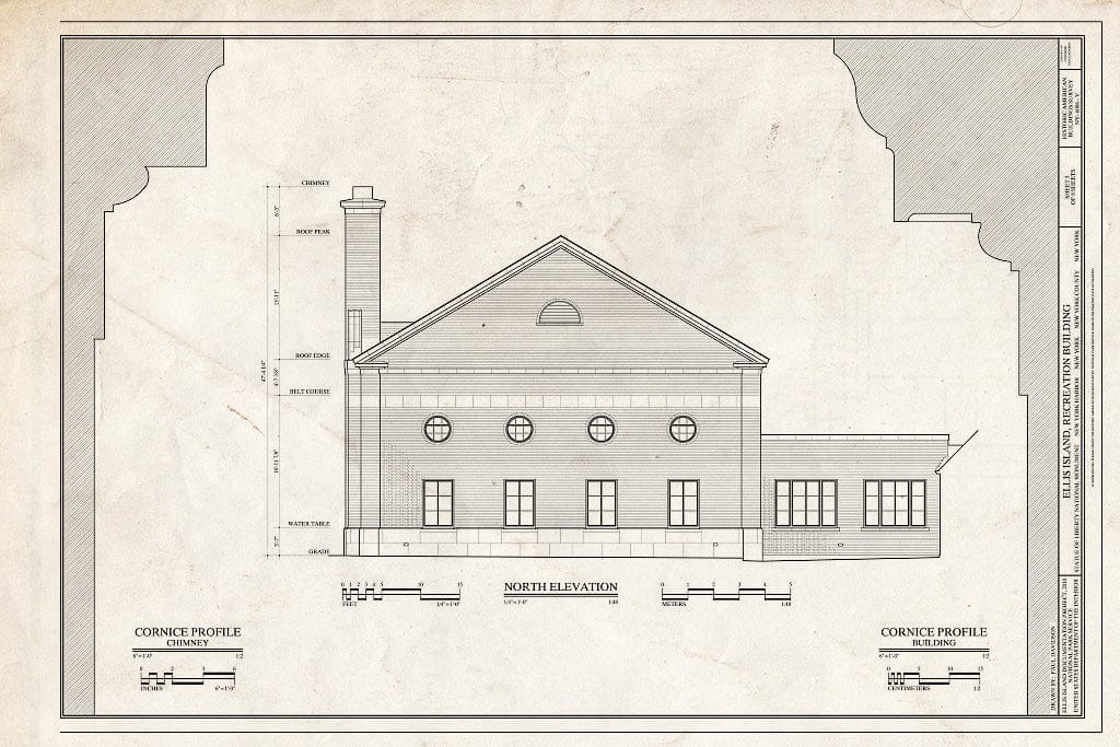 Blueprint North Elevation and Profiles - Ellis Island, Recreation Building, New York Harbor, New York County, NY