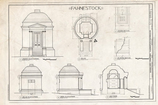 Blueprint Elevations, Plan, Section, Door Detail, Plinth Detail - Woodlawn Cemetery, Fahnestock Mausoleum, Webster Avenue & East 233rd Street, Bronx, Bronx County, NY