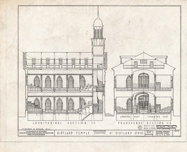 Blueprint Longitudinal Section 1-1, Transverse Section 1-2