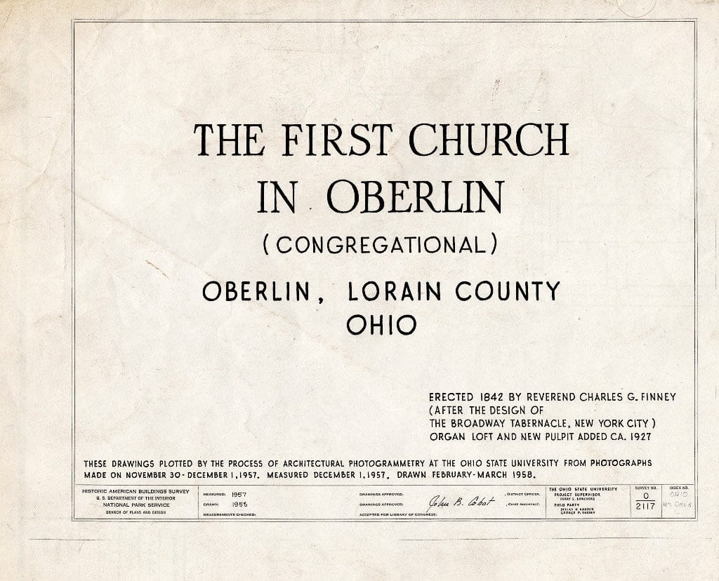 Blueprint HABS Ohio,47-OBER,1- (Sheet 0 of 7) - First Church in Oberlin (Congregational), North Main & West Lorain Streets, Oberlin, Lorain County, OH