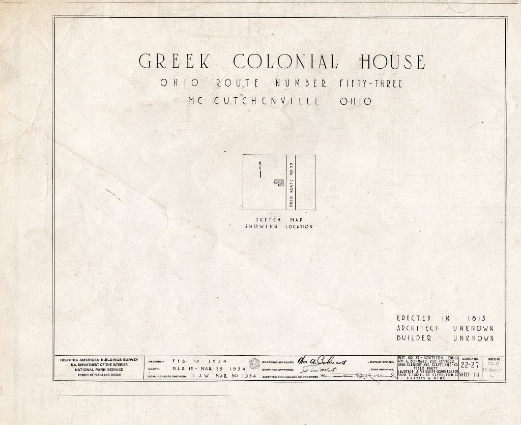 Blueprint HABS Ohio,88-MACUV,1- (Sheet 0 of 1) - Greek Revival House, McCutchenville, Wyandot County, OH