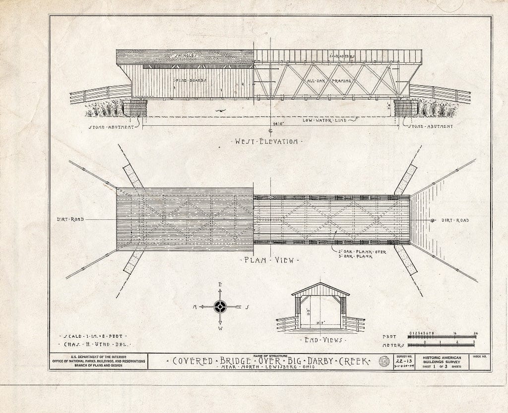 Blueprint West Elevation, Plan View, End Views - Covered Bridge, Spanning Darby Creek, North Lewisburg, Champaign County, OH