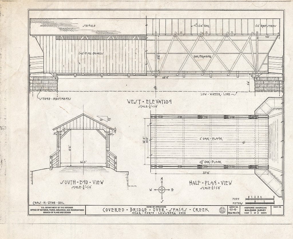 Blueprint West Elevation, South End View, Half Plan View - Covered Bridge, Spanning Spain's Creek, North Lewisburg, Champaign County, OH