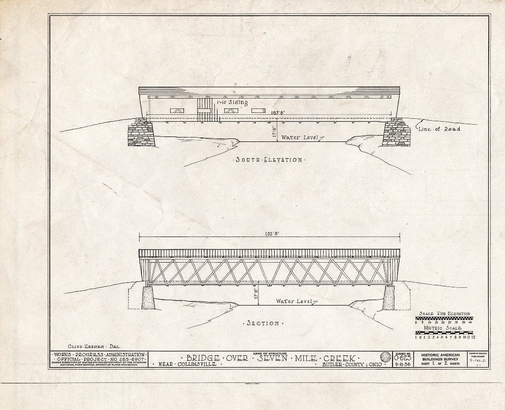Blueprint South Elevation, Section - Covered Bridge, Spanning Seven Mile Creek, Collinsville, Butler County, OH
