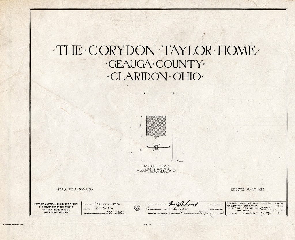 Blueprint HABS Ohio,28-CLAR.V,1- (Sheet 0 of 7) - Corydon Taylor House, Taylor Road, Claridon, Geauga County, OH