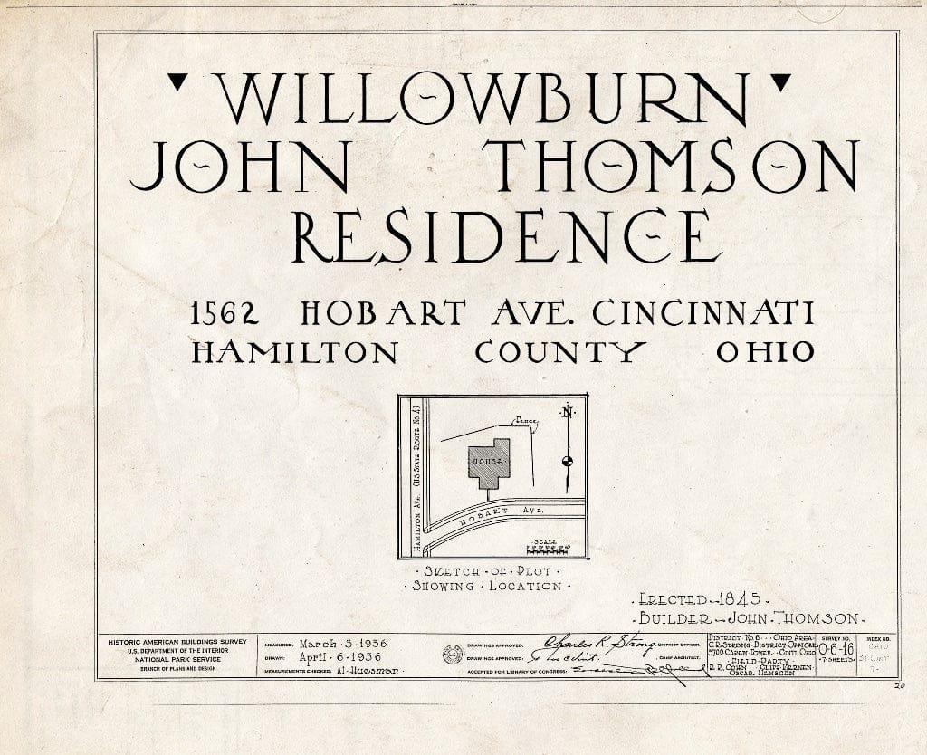 Blueprint HABS Ohio,31-CINT,7- (Sheet 0 of 7) - Willowburn, 1562 Hobart Avenue, Cincinnati, Hamilton County, OH