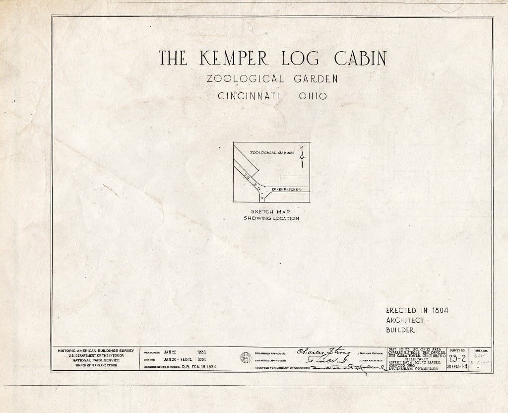 Blueprint HABS Ohio,31-CINT,2- (Sheet 0 of 4) - James Kemper Log Cabin, Zoological Gardens, Cincinnati, Hamilton County, OH